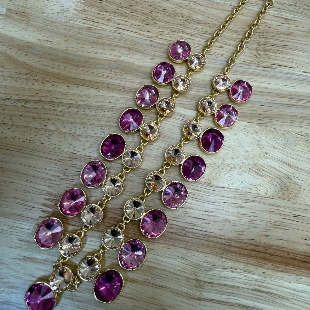 Talbots Gold and Pink Double Crystal Row Statement Necklace - Picture 7 of 10